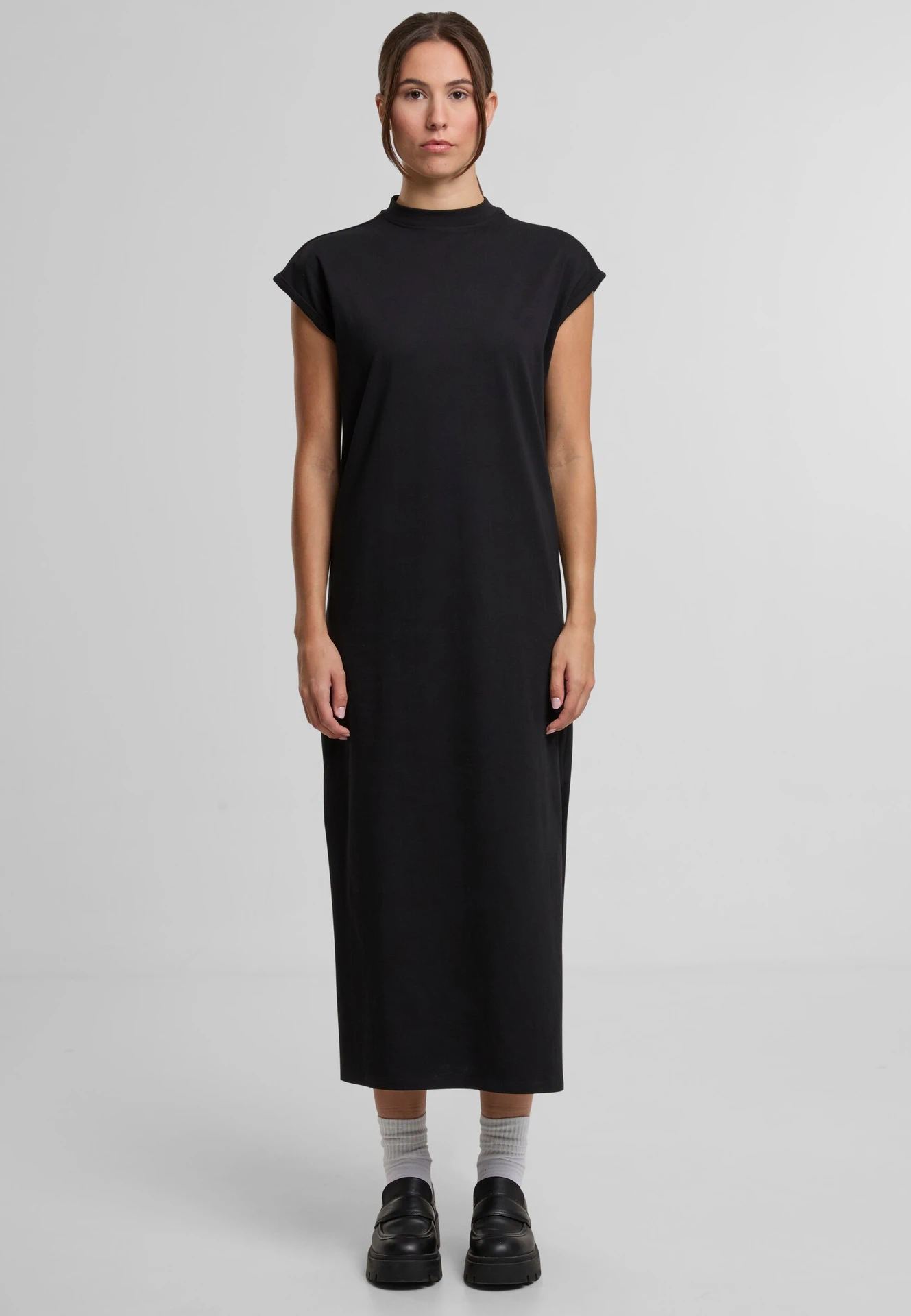 BYB-BY302-ladies-long-extended-shoulder-dress-black-model-0 Build Your Brand Ladies Long Extended Shoulder Dress