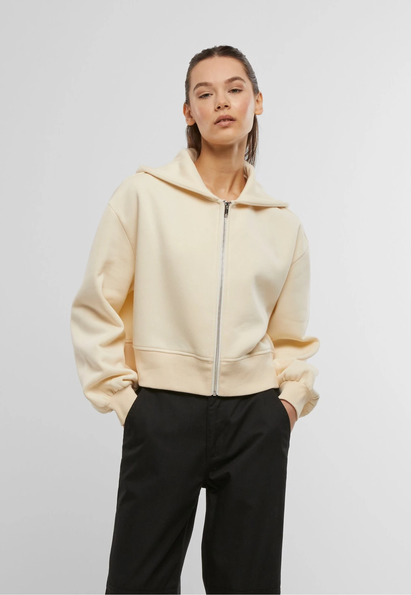 BYB-BY237-ladies-short-oversized-zip-jacket-whitesand-model-0 Build Your Brand Ladies Short Oversized Zip Jacket