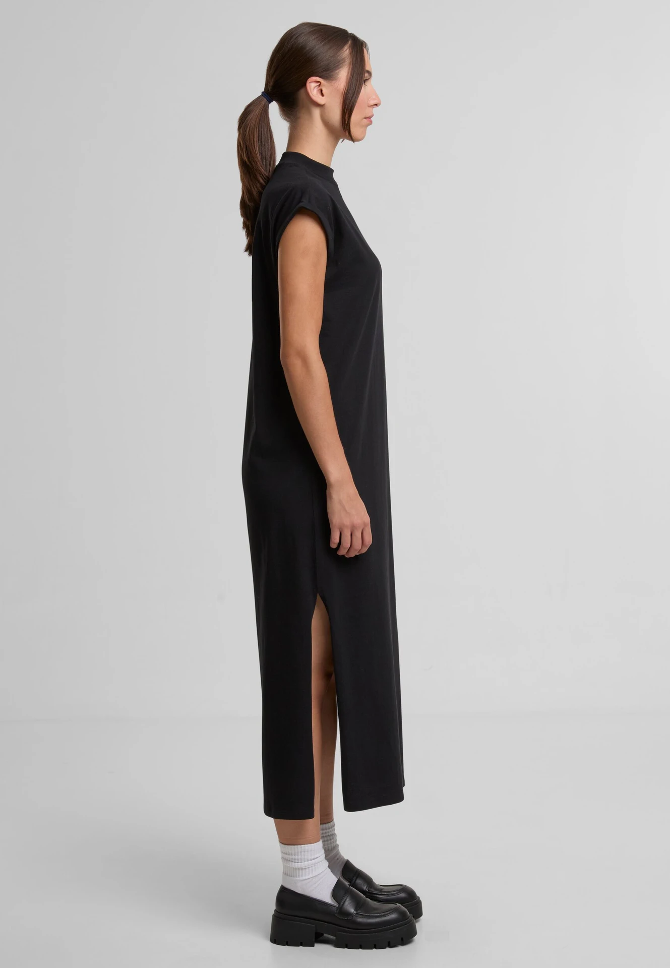 BYB-BY302-ladies-long-extended-shoulder-dress-black-model-3 Build Your Brand Ladies Long Extended Shoulder Dress