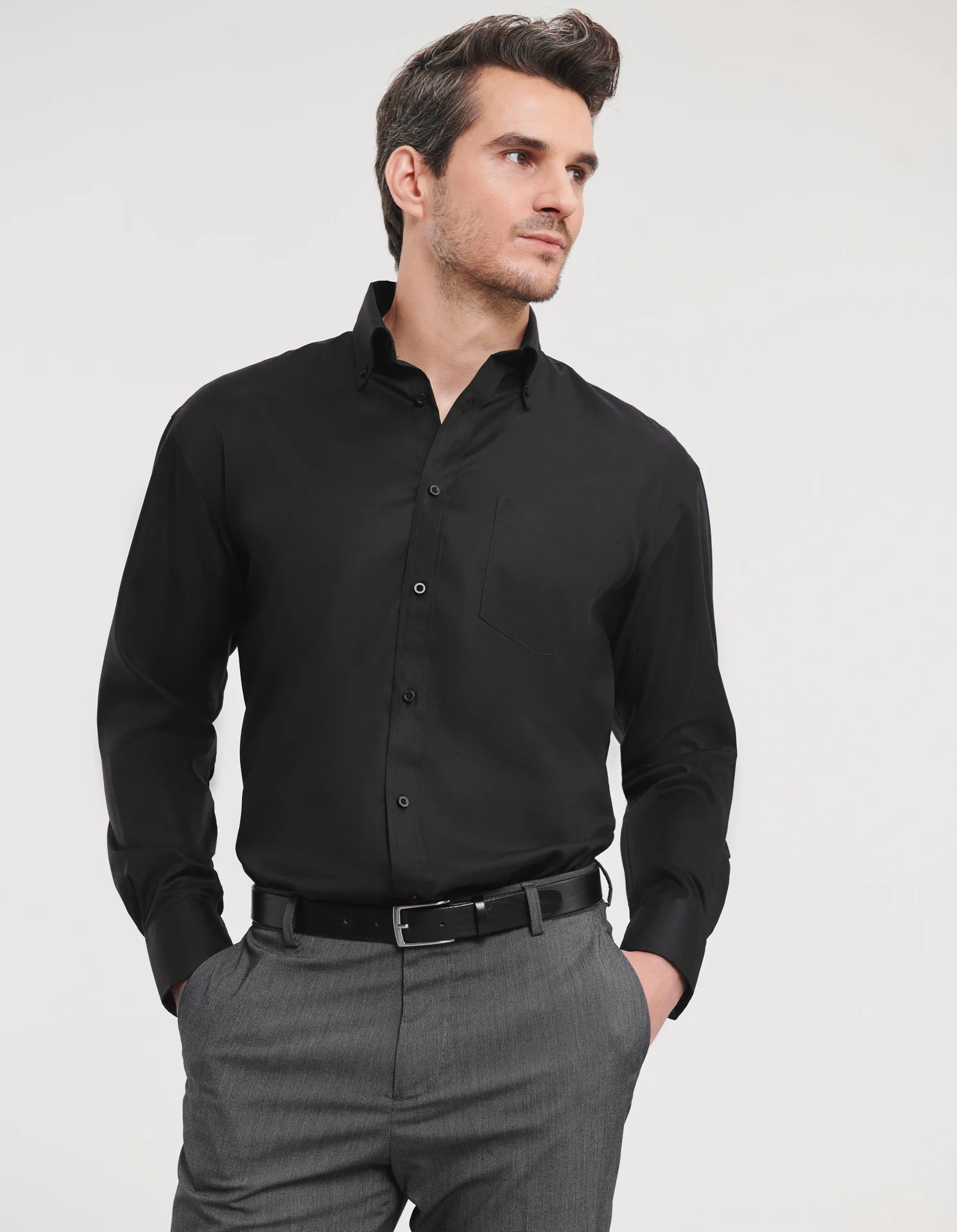 russell-r956m-mens-ls-ultimate-non-iron-shirt-black-model-1 Russell Men's Long Sleeve Ultimate Non-Iron Shirt