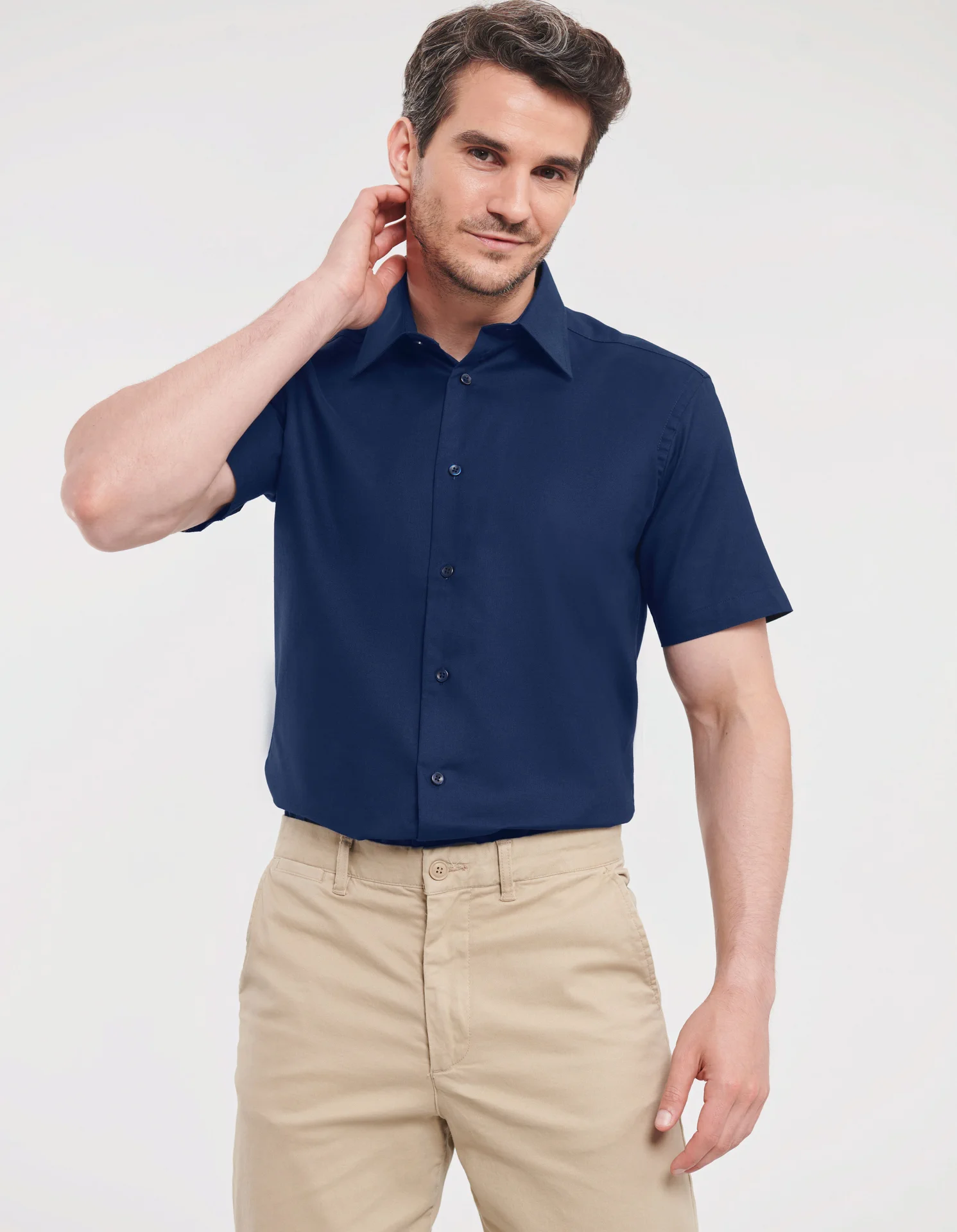 russell-r923m-mens-short-sleeve-easy-care-tailored-oxford-shirt-brightnavy-model-1 Russell Men's Short Sleeve Easy Care Tailored Oxford Shirt