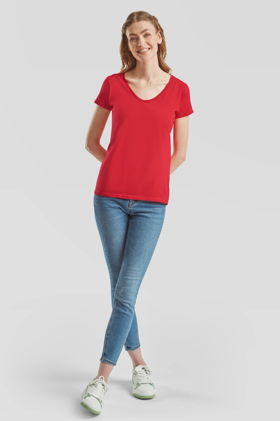 fruit-of-the-loom-61-444-0-ladies-iconic-150-v-neck-t-shirt-red-model-3 F.O.L. Ladies Iconic 150 V Neck T