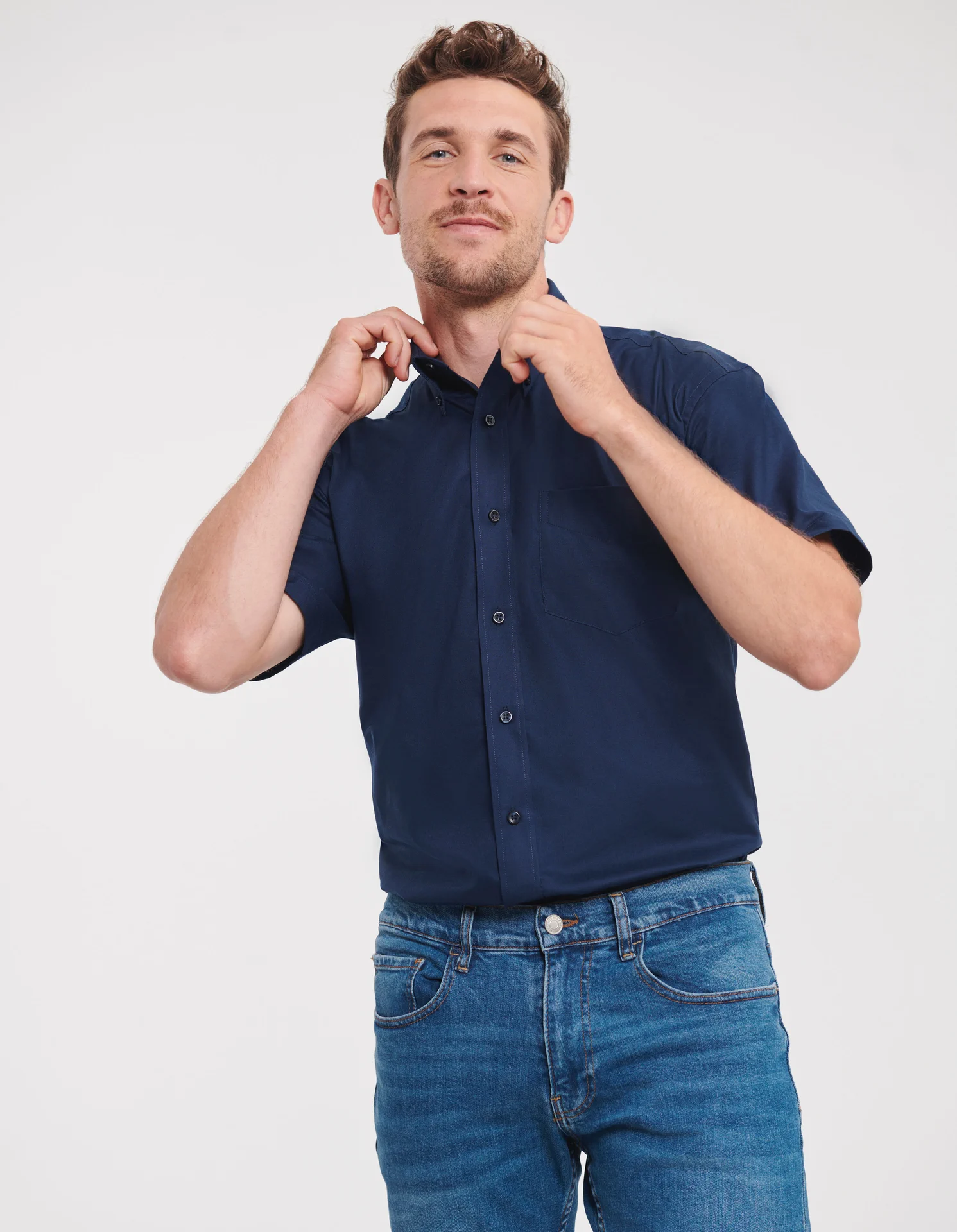 russell-r933m-mens-short-sleeve-easy-care-oxford-shirt-brightnavy-model-1 Russell Men's Short Sleeve Easy Care Oxford Shirt