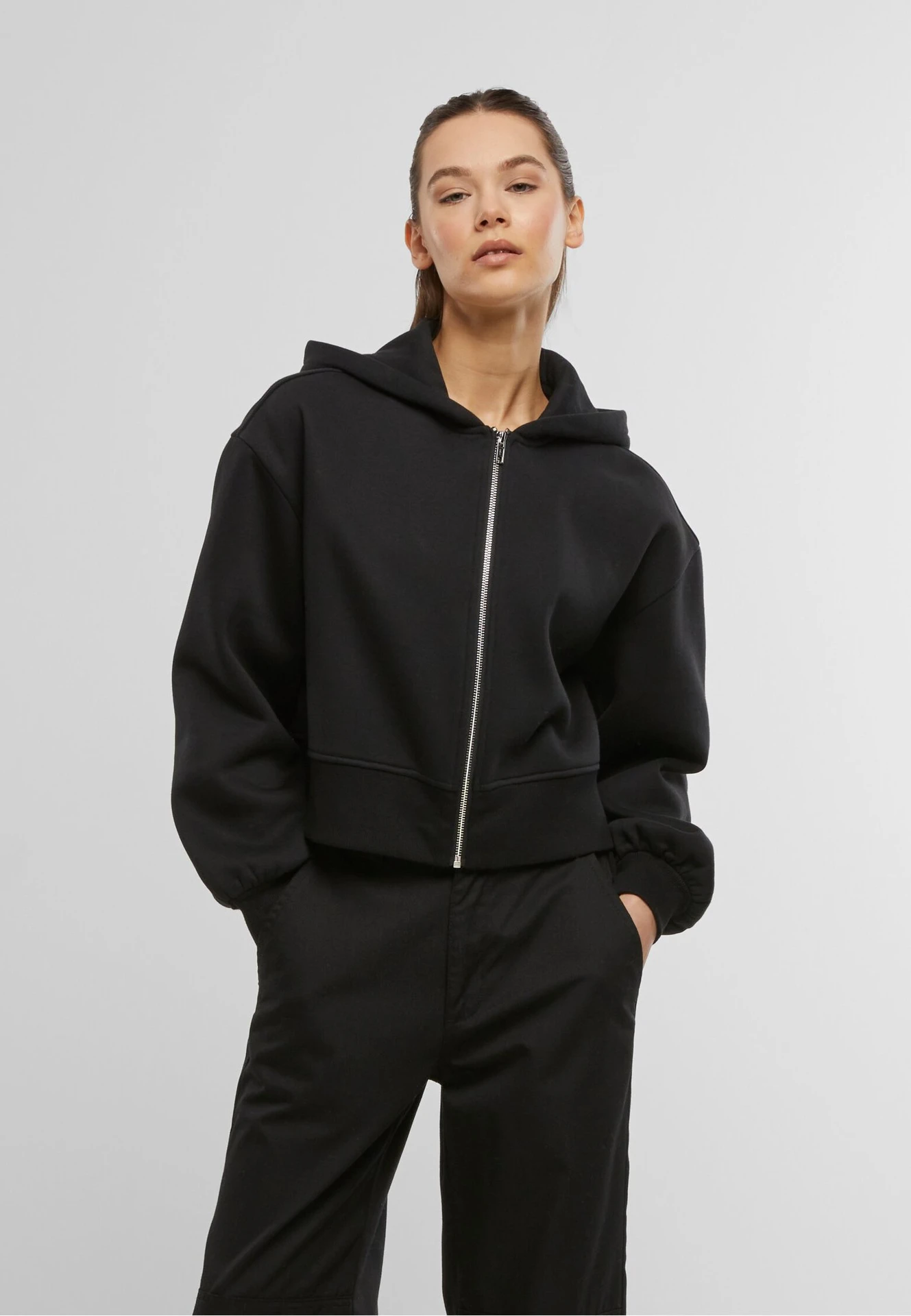 Build Your Brand Ladies Short Oversized Zip Jacket