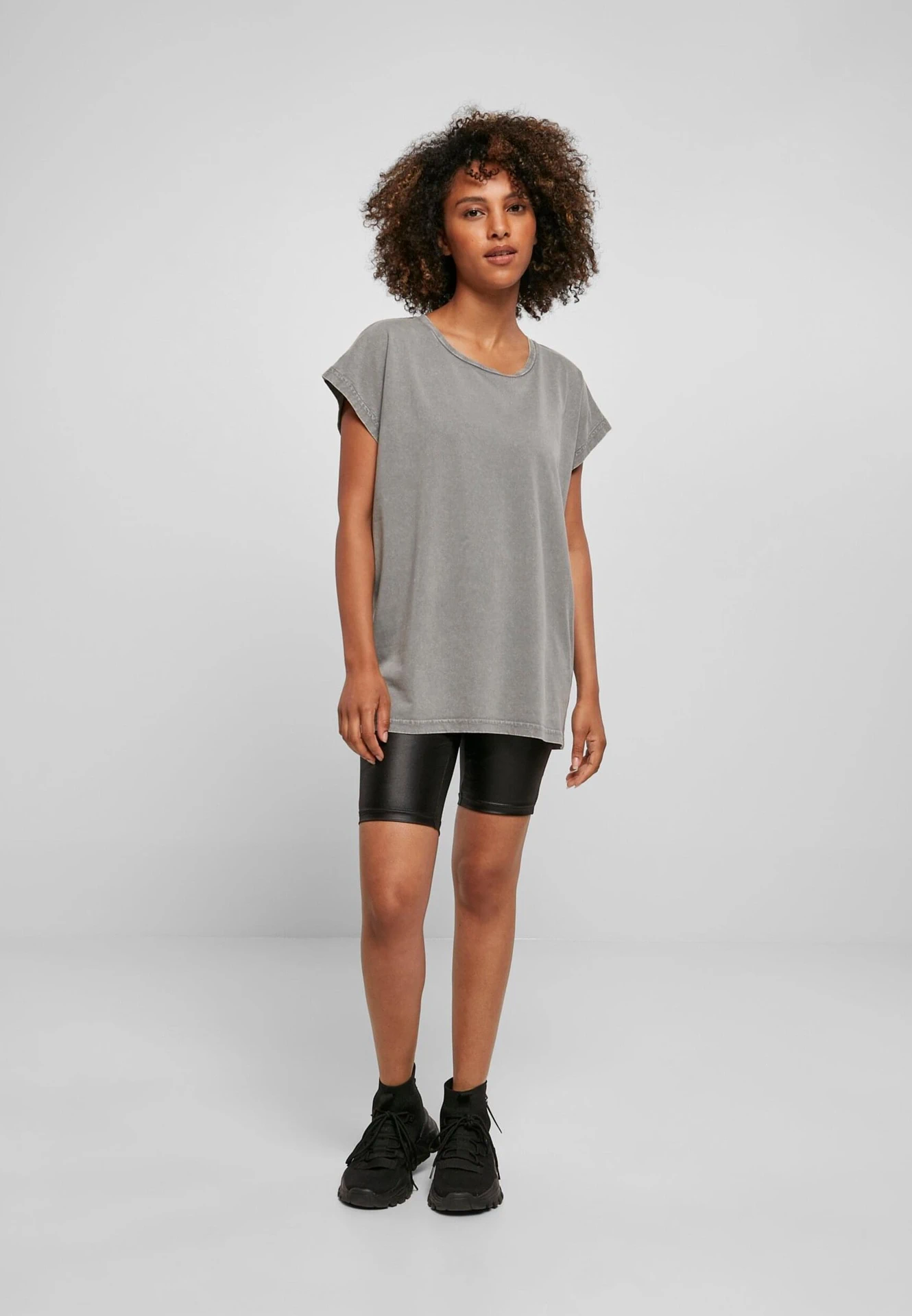 BYB-BY053-ladies-acid-washed-extended-shoulder-t-shirt-asphalt-model-3 Build Your Brand Ladies Acid Washed Extended Shoulder Tee